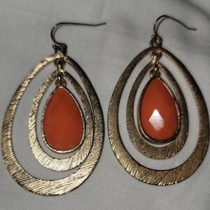 Gold Teardrop Earrings with Orange Stone